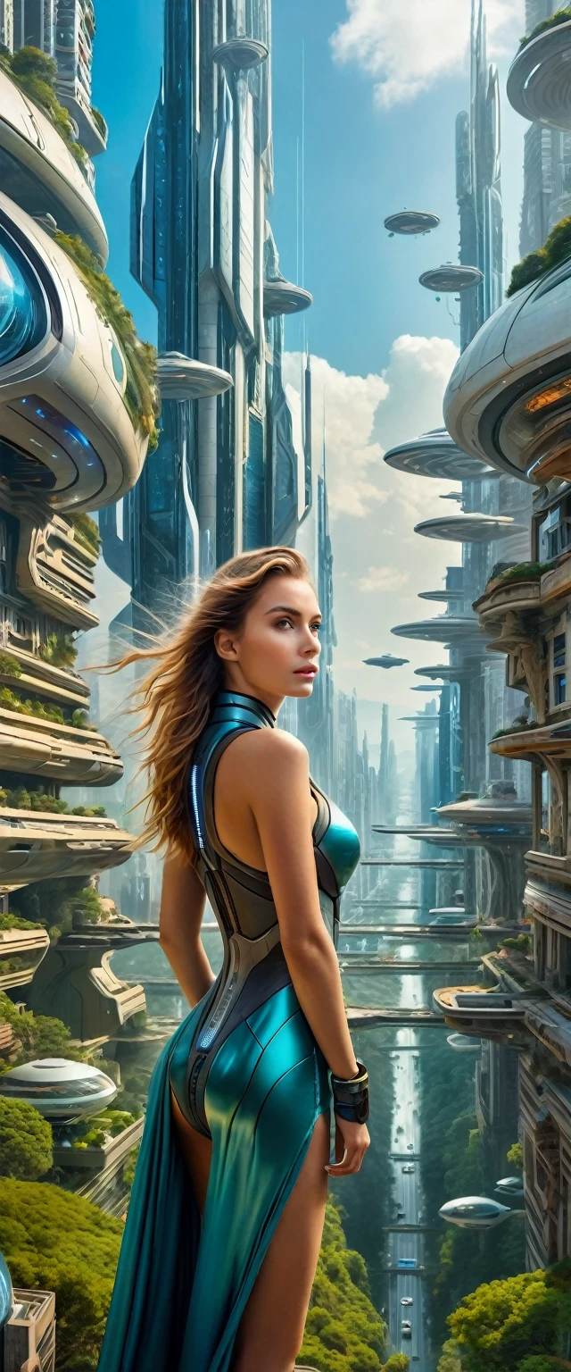 Highest quality,(masterpiece:1.2),Ultra-high resolution,Raw color photography,8K,Vast landscape photography,Realistic photos,Elaborate photos,Woman living in a futuristic city,She's a space bounty hunter,Dress in black,(From the back:1.5),(From below:1.2,Woman standing in a futuristic city,Cyberpunk City,The vast city spreads out before your eyes,The sky is a vast universe,Dark Sky),Written boundary depth,Wide Light,Low contrast,Backlight,Sharp focus,Vibrant colors,Dynamic configuration