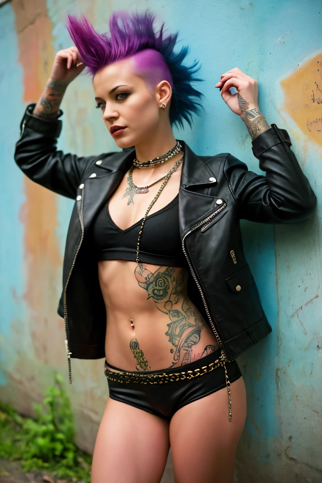 (work of art, best qualityer:1.2), 1 girl ,intrincately detailed, "Punk Girl", in dynamic pose, ((spike mohawk hair, punk hair, wearing a black jacket, chains, Rocket style, tattooed , (((hot Body))) , abs)) . Shallow depth of field, vignette, highy detailed, high budget, bokeh, cinemascope, temperamental, epic, marvelous, film grain, grainy. ((Abandoned grafitti wall background)).