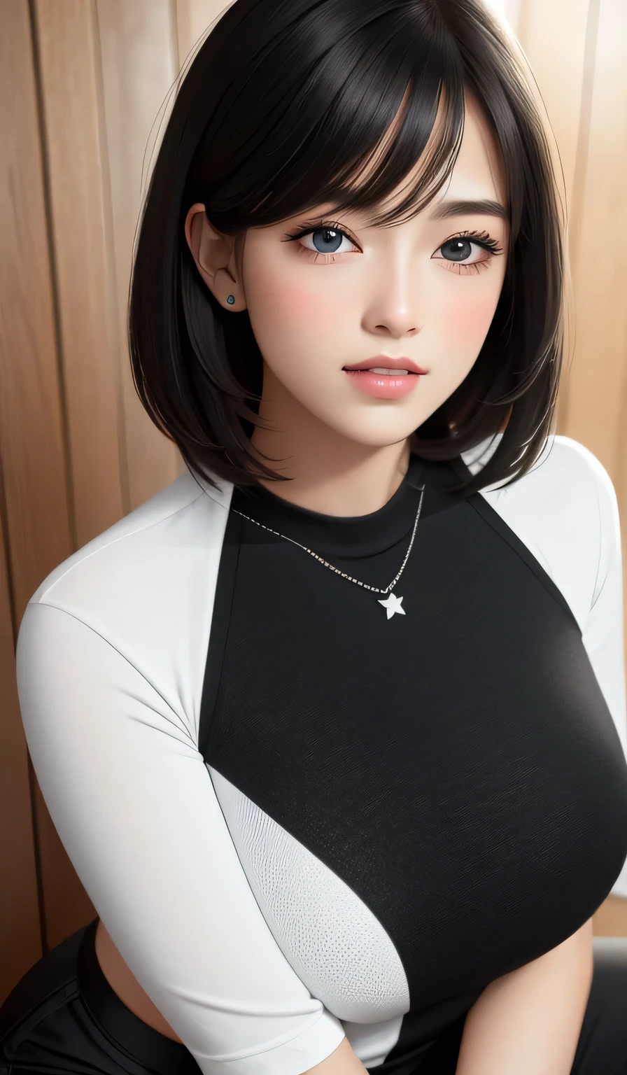 (best quality,4k,8k,highres,masterpiece:1.2),ultra-detailed,(realistic,photorealistic,photo-realistic:1.37),portraits,sexy,cute,woman,short black hair,bob style,beautiful face,plump face,seductive blue eyes,medium nose,deep pink blush,glossy red lips,smiling,long neck,visible collarbone,white t shirt,black graphics,shiny black pants,wooden wall,natural lighting,intimate moment