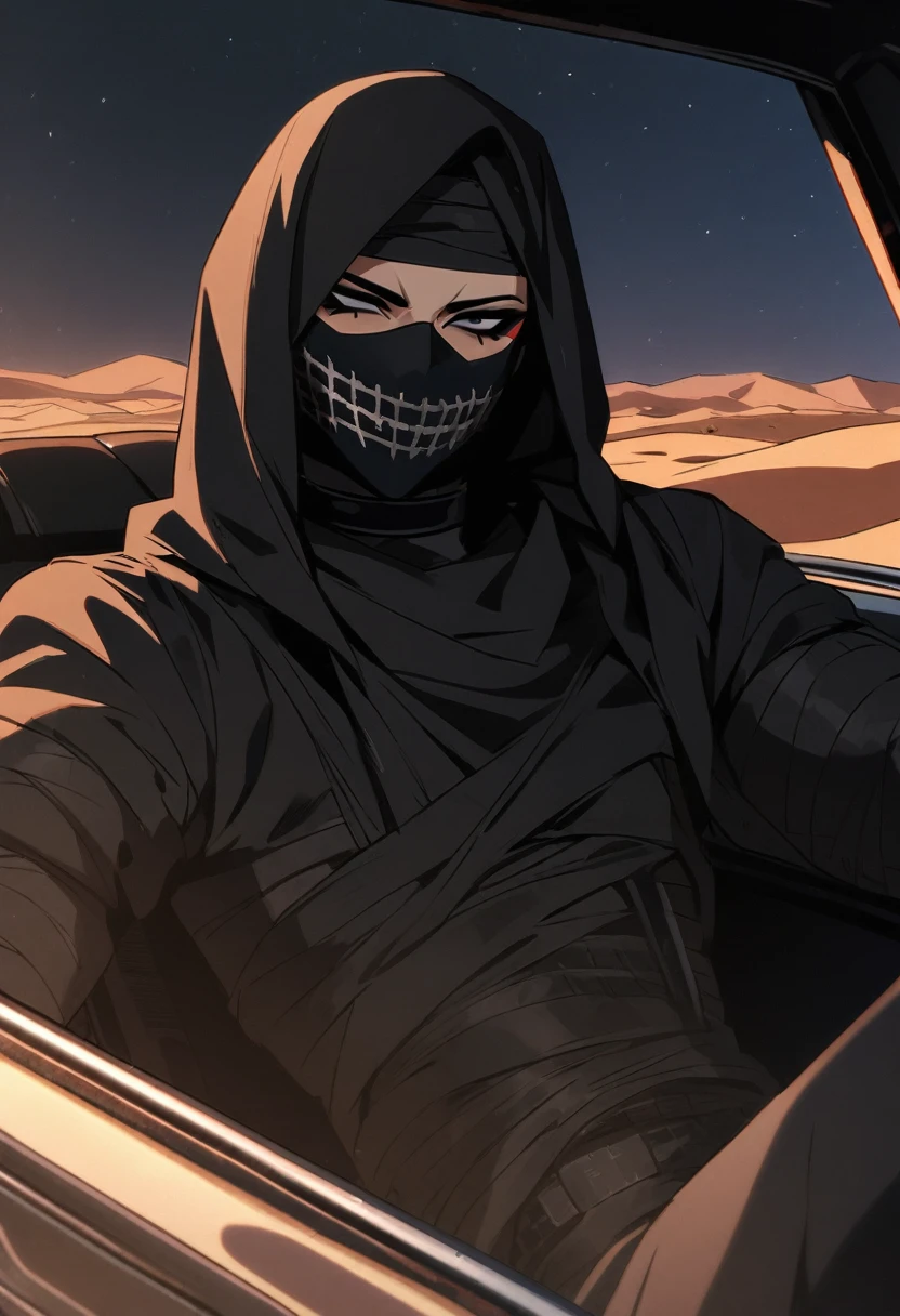 Male arab modern terrorist, terrorist, black balaclava, black bandage, black clothes, thin waist, femboy, light skin, makeup, black eyeliner, big eyelashes, black eyeshadow, choker, inside the car, desert, night