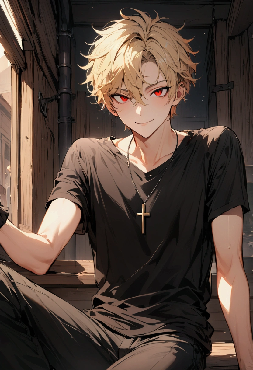 One boy,good looking,18-year-old,Sniper arrested,Sitting, smile, Ready your gun?,Target your audience,Target your audience,,Perfect Face, High-quality face, Super detailed face, short hair, Blonde, Messy Hair, Red eyes Red eyes,vampire, black t-shirts,black t-shirts,Plain T-shirt,Short sleeve T-shirt, Black trousers, Cross Necklace,Super detailed, Ultra HD