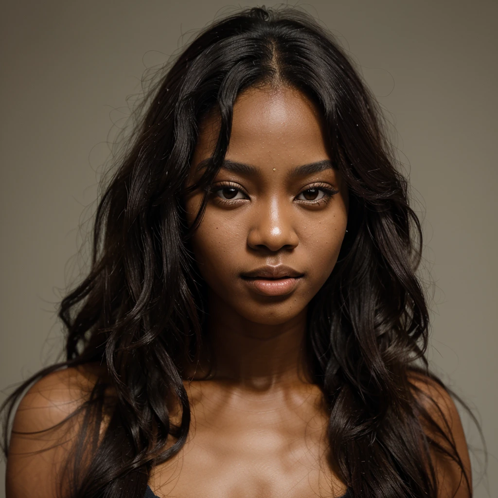 masterpiece, close up best quality, 1 girl, solo, beautiful African and sensual Asian mixed 19 year old, ebony skin female, long, frizzy, curly dark hair, perfect face, long hair