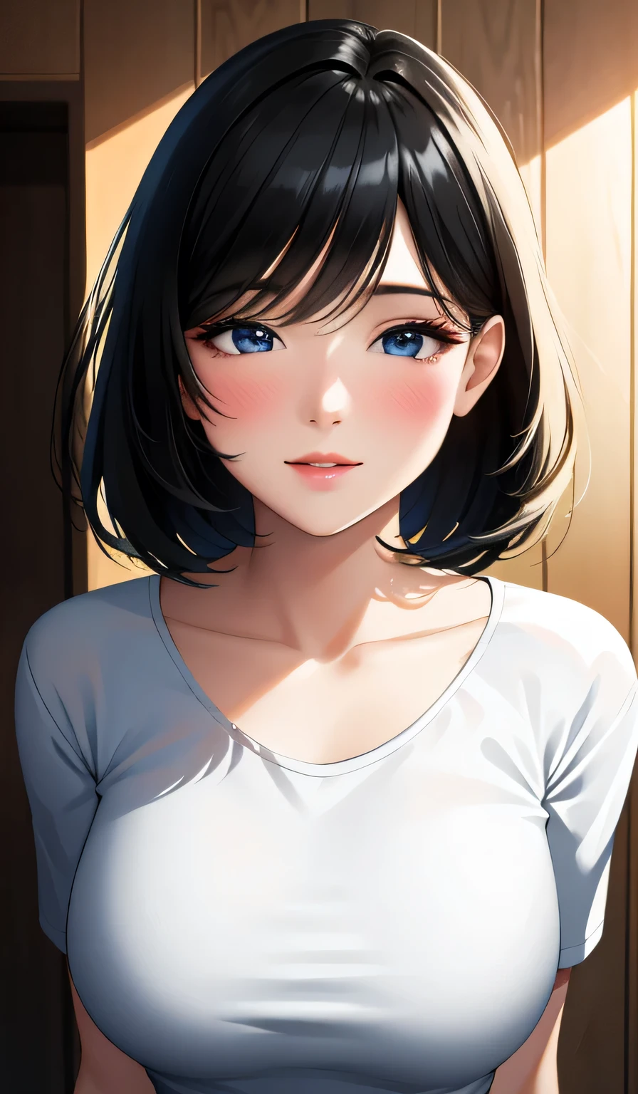 (best quality,4k,8k,highres,masterpiece:1.2),ultra-detailed,(realistic,photorealistic,photo-realistic:1.37),portraits,sexy,cute,woman,short black hair,bob style,beautiful face,plump face,seductive blue eyes,medium nose,deep pink blush,glossy red lips,smiling,long neck,visible collarbone,white t shirt,black graphics,shiny black pants,wooden wall,natural lighting,intimate moment