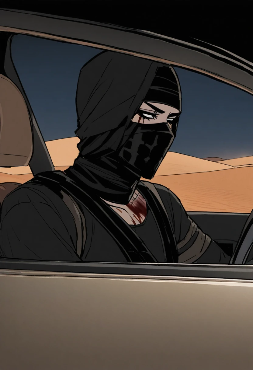 Male arab modern terrorist, terrorist, black balaclava, black bandage, blood on body, black clothes, thin waist, femboy, light skin, makeup, black eyeliner, big eyelashes, black eyeshadow, choker, inside the car, desert, night, sandstorm