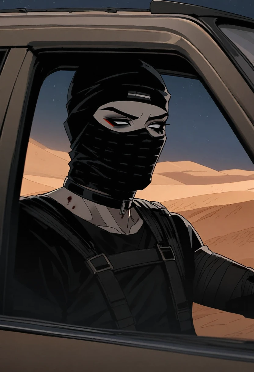 Male arab modern terrorist, terrorist, black balaclava, black bandage, blood on body, black clothes, thin waist, femboy, light skin, makeup, black eyeliner, big eyelashes, black eyeshadow, choker, inside the car, desert, night, sandstorm 