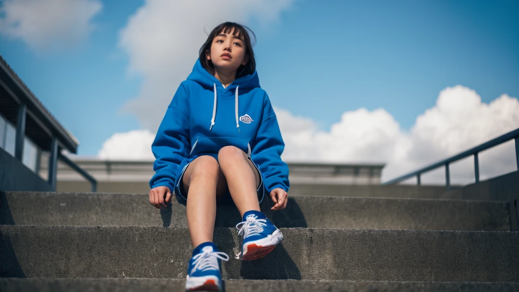 1 girl,blue sky,blurred background,architecture,City,cloud,cloudy sky,sky,depth of field,hood,hooded Jacket,hoodie,Jacket,Side,Orange Hoodie,look up,Shoe close to the camera,from below,whole body,lips,long sleeve,looking at the audience,motion blur,outdoor,parted lips,railing,shoe,shorts,sitting,sky,Sports shoes,alone,stairs