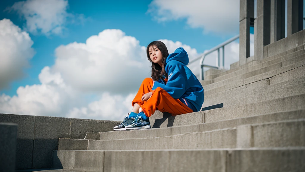 1 girl,blue sky,blurred background,architecture,City,cloud,cloudy sky,sky,depth of field,hood,hooded Jacket,hoodie,Jacket,Side,Orange Hoodie,look up,Shoe close to the camera,from below,whole body,lips,long sleeve,looking at the audience,motion blur,outdoor,parted lips,railing,shoe,shorts,sitting,sky,Sports shoes,alone,stairs