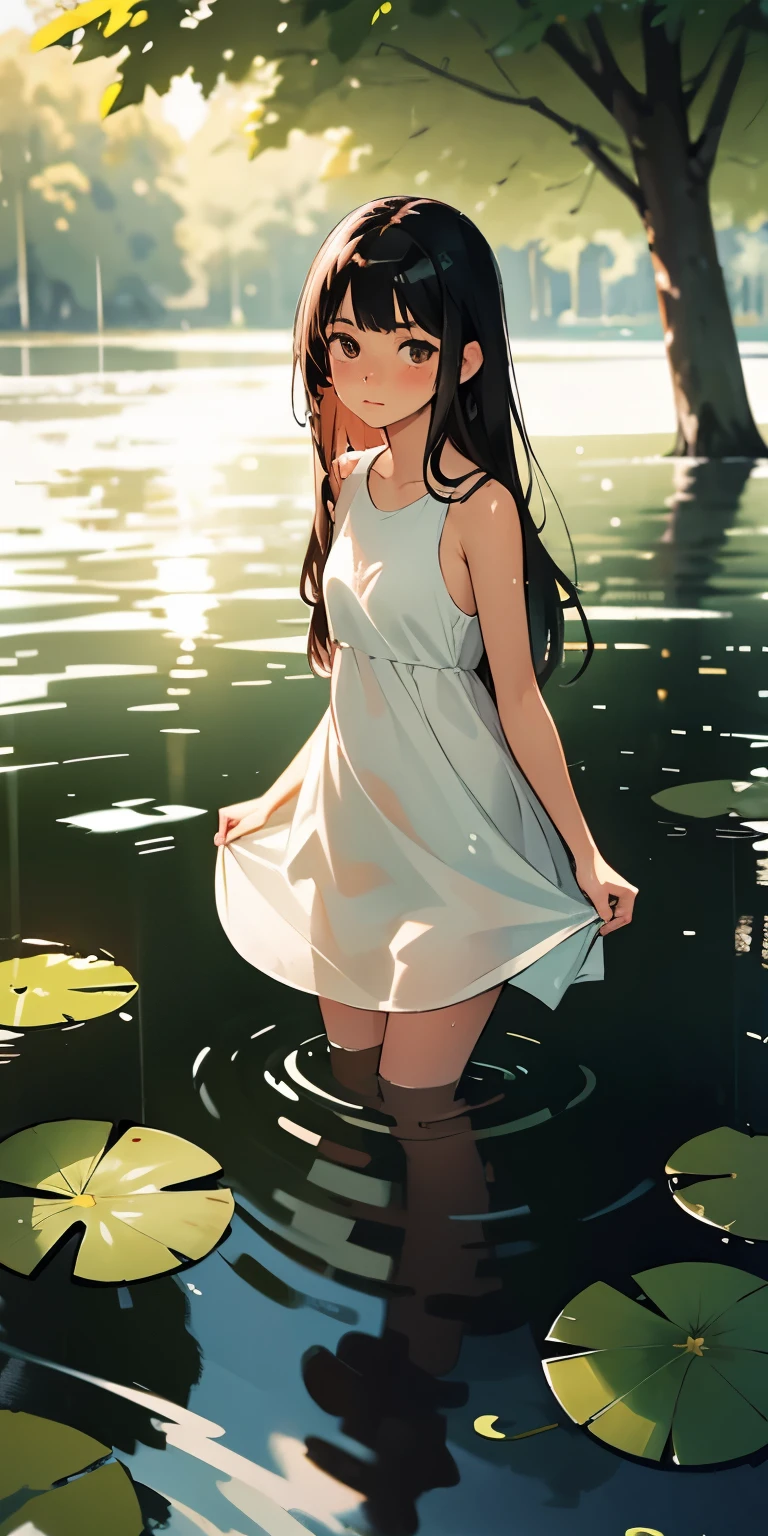 1girl, solo, long hair, outdoors, looking at viewer, water, wet, black hair, partially submerged, tree, sunlight, blush, brown eyes, sleeveless, wet clothes, day, white dress, bare shoulders, closed mouth, nature, dress, blurry, wet hair, lily pad, leaves