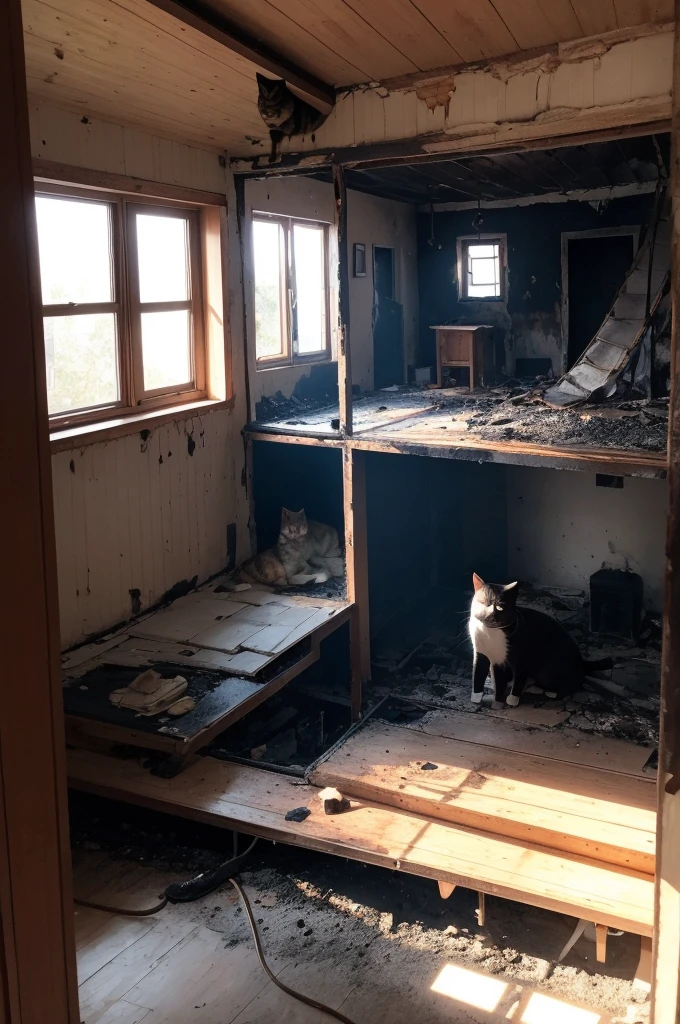 interior image of a house on fire, and a cat inside the house