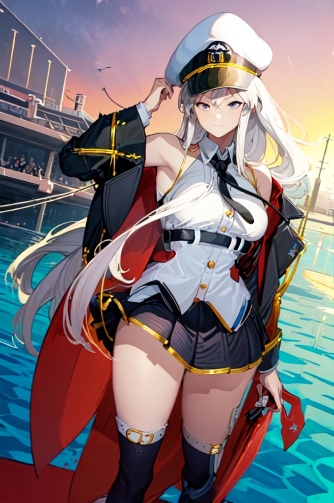 masterpiece, best quality, highres, aaenter, long hair, hat, white headwear, large breasts, black necktie, sleeveless shirt, white shirt, off shoulder, black coat, open coat, belt, pleated skirt, black skirt, black thighhighs, cowboy shot, standing, outdoors, ocean in background, 2D, add_detail:-3