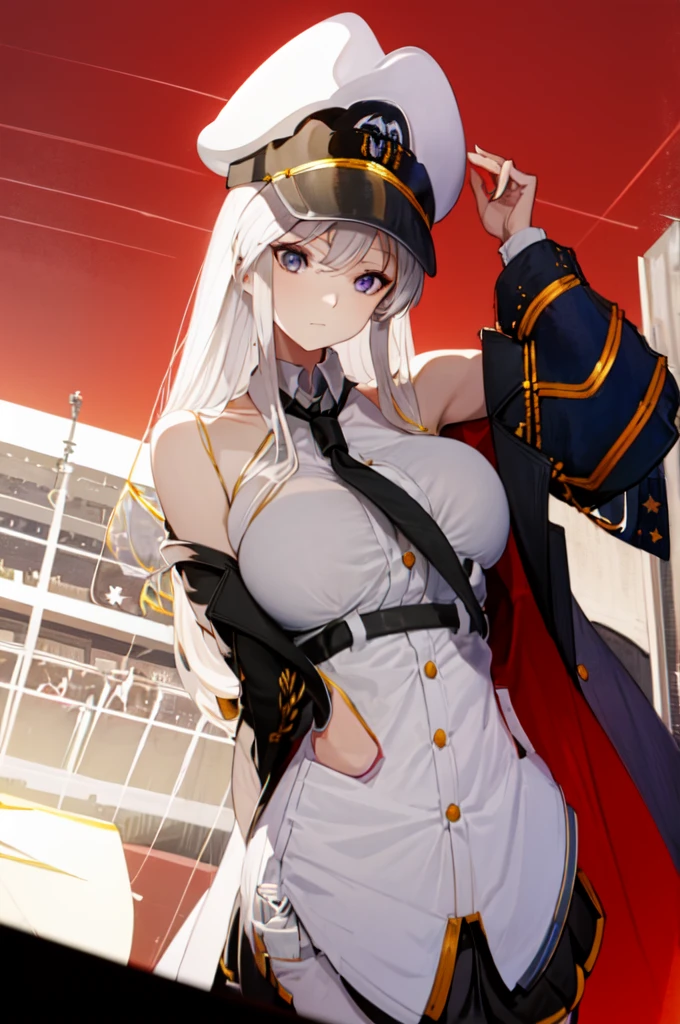 masterpiece, best quality, highres, aaenter, long hair, hat, white headwear, large breasts, black necktie, sleeveless shirt, white shirt, off shoulder, black coat, open coat, belt, pleated skirt, black skirt, black thighhighs, cowboy shot, standing, outdoors, ocean in background, 2D, add_detail:-3