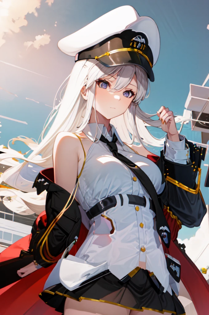 masterpiece, best quality, highres, aaenter, long hair, hat, white headwear, large breasts, black necktie, sleeveless shirt, white shirt, off shoulder, black coat, open coat, belt, pleated skirt, black skirt, black thighhighs, cowboy shot, standing, outdoors, ocean in background, 2D, add_detail:-3