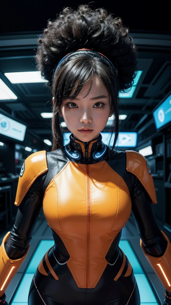 A futuristic illustration of an Asian American woman with a vibrant orange background. She is donning a technologically advanced suit and headgear, suggesting she is an advanced AI or robotics expert. Her eyes glow with neon blue light, and her hair is in an elegant afro style. The scene is set in a high-tech laboratory, with various screens and devices in the background. The overall atmosphere is sleek, innovative, and empowering.