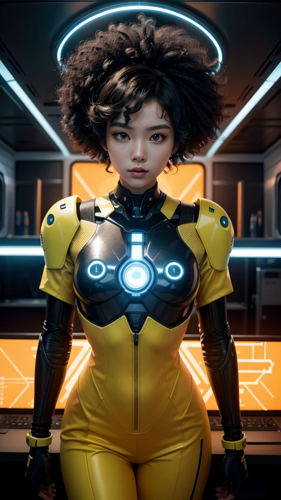 A futuristic illustration of an Asian American woman with a vibrant orange background. She is donning a technologically advanced suit and headgear, suggesting she is an advanced AI or robotics expert. Her eyes glow with neon blue light, and her hair is in an elegant afro style. The scene is set in a high-tech laboratory, with various screens and devices in the background. The overall atmosphere is sleek, innovative, and empowering.