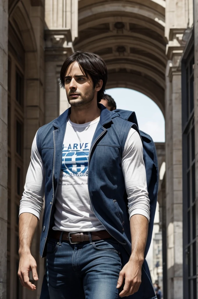 Eren Jaeger de L'Attaque des Titans, debout au centre. Il porte un gilet marron drapé sur ses épaules et ouvert, avec un t-shirt blanc en dessous. Ses cheveux sont attachés en arrière de manière désordonnée, et ses yeux sont grands ouverts et d'un bleu vif. L'arrière-plan doit refléter le style de l'univers de L'Attaque des Titans