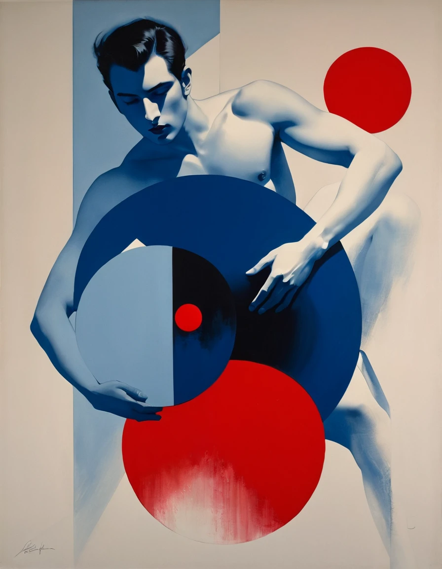 there is a man sitting on a blue ball with a red dot in the background, inspired by Jarek Kubicki painting, chiaroscuro technique on sensual illustration of an arafed male supermodel , the model draped in flowing, thick oil painting Capture the essence of a fleeting dream in a vibrant, expressive oil painting. Use a mix of vivid and muted colors to create a surreal landscape that blends reality with imagination. Emphasize the fluidity and movement of the dream world through dynamic brushstrokes and abstract forms. Create high contrast between light and shadow fire around, there is a red circle on a blue and red square, inspired by Bauhaus, in a shapes background, brown red blue, circle forms, red blue, by Leon Polk Smith, memphis abstract minimal art, graphic shapes, minimal art, blue and red, minimal art style, bauhaus art, inspired by El Lissitzky, bold simple shapes
