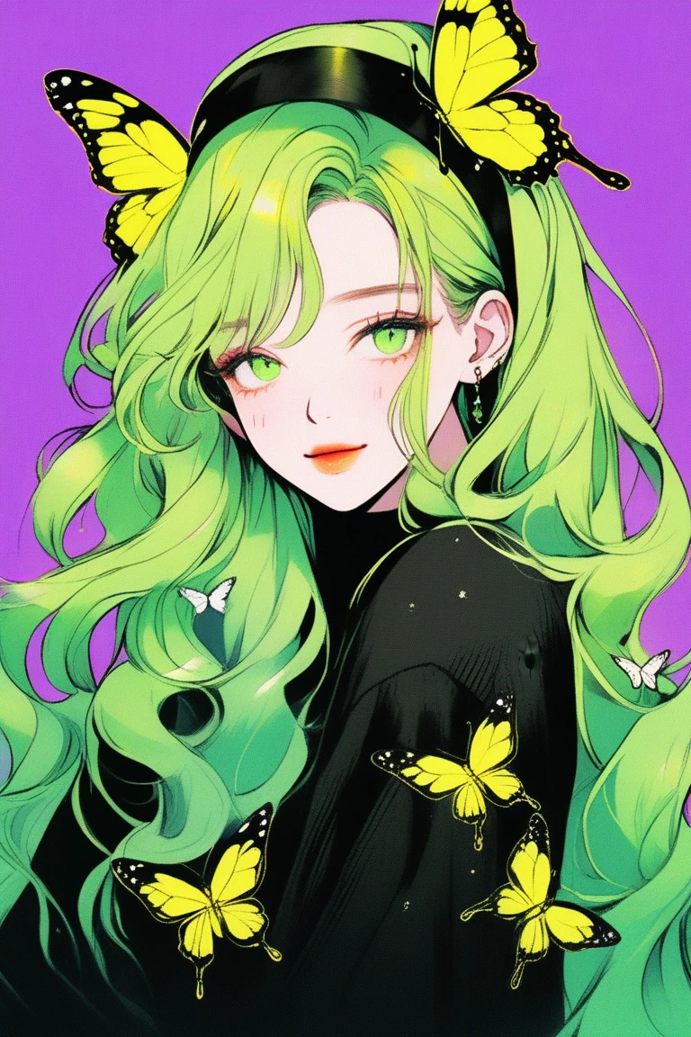 (best quality, sketch:1.2),realistic,illustrator,anime,1 girl, detailed lips, sweater, custom, green gradient background, neon hair, Yellow-green hair, long wavy hair, flower crown, gentle smile, closed mouth, mysterious, quiet, butterflies around, Gentle feeling, textured cropping, masterpiece, style retro classic, ???? dark 