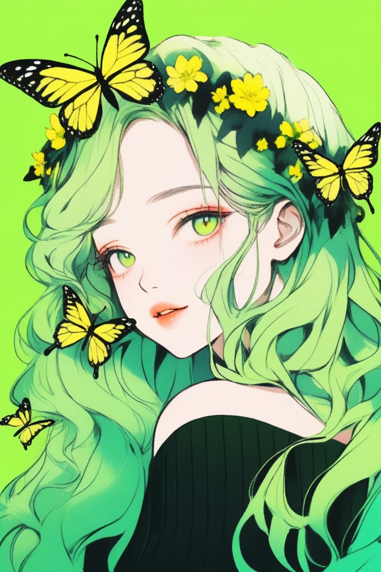 (best quality, sketch:1.2),realistic,illustrator,anime,1 girl, detailed lips, sweater, custom, green gradient background, neon hair, Yellow-green hair, long wavy hair, flower crown, gentle smile, closed mouth, mysterious, quiet, butterflies around, Gentle feeling, textured cropping, masterpiece, style retro classic, noir dark 