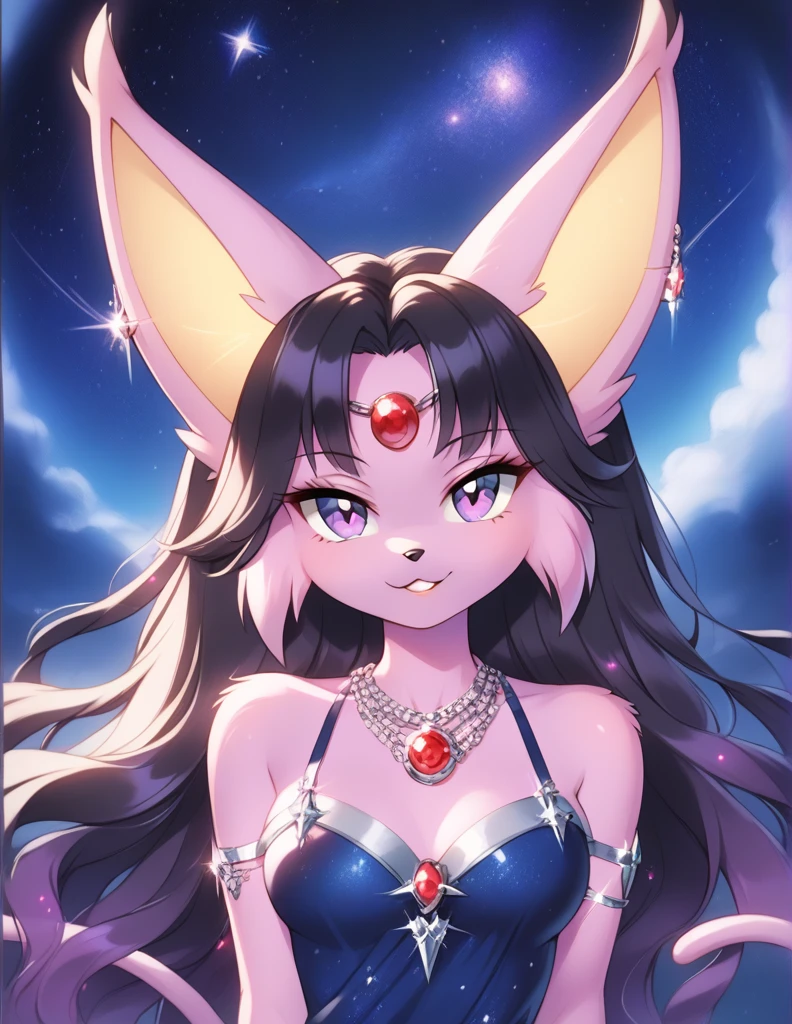 furry espeon, eeveelution, anthro pokemon, beautiful breathtaking tall espeon woman, very long black hair with hair bangs, purple fur, purple body, glowing violet eyes, спортивная фигура, большой бюст, бедра, galaxy night gown dress with silver jewellery, majestic, соблазнительная, night goddess, celestial, divine, darkness element, cosmic,
night sky, shining, galaxy,
waist-length portrait, looking at viewer,
atmospheric, hyper-detailed, pen lines, marker drawing, hyper-realism, beautiful, 32k.
