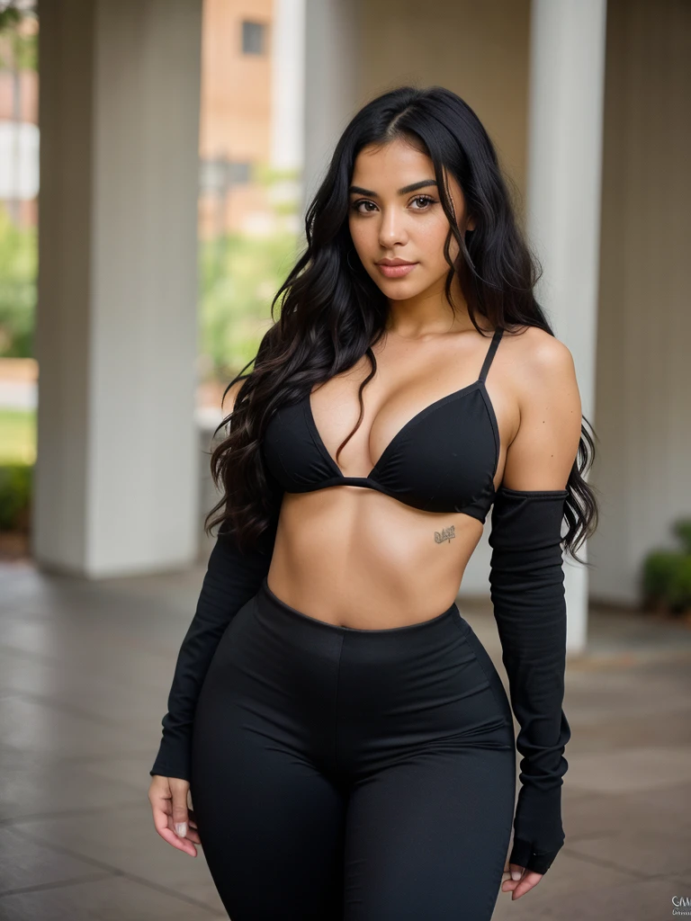Beautiful curvy latina girl with straight black hair, (full body), wearing black leggings, highly detailed, 22 years old, , , innocent face, natural wavy hair, brown eyes, high resolution, Masterpiece, Best quality, Intricate high detail, Highly detailed, Sharp focus, Detailed skin, realistic skin texture, texture, detailed eyes, professional, 4k, charming smile, shot on Canon, 85mm, deep depth of field, Kodak Vision Color, Perfect Fit Body , extremely detailed, photography_\(ultra\), Photorealistic, Realistic, Post-processing, maximum details, roughness, real life, ultra realistic, Photorealism, photography, 8k UHD, photography, busty