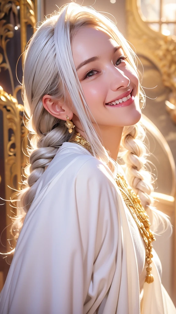 Best Quality, masutepiece,White hair, Gold eyes,White clothes, Looking Up, Upper body,Strands of hair,Fair skin,side braids, lovely smile, beautiful smile, smiling