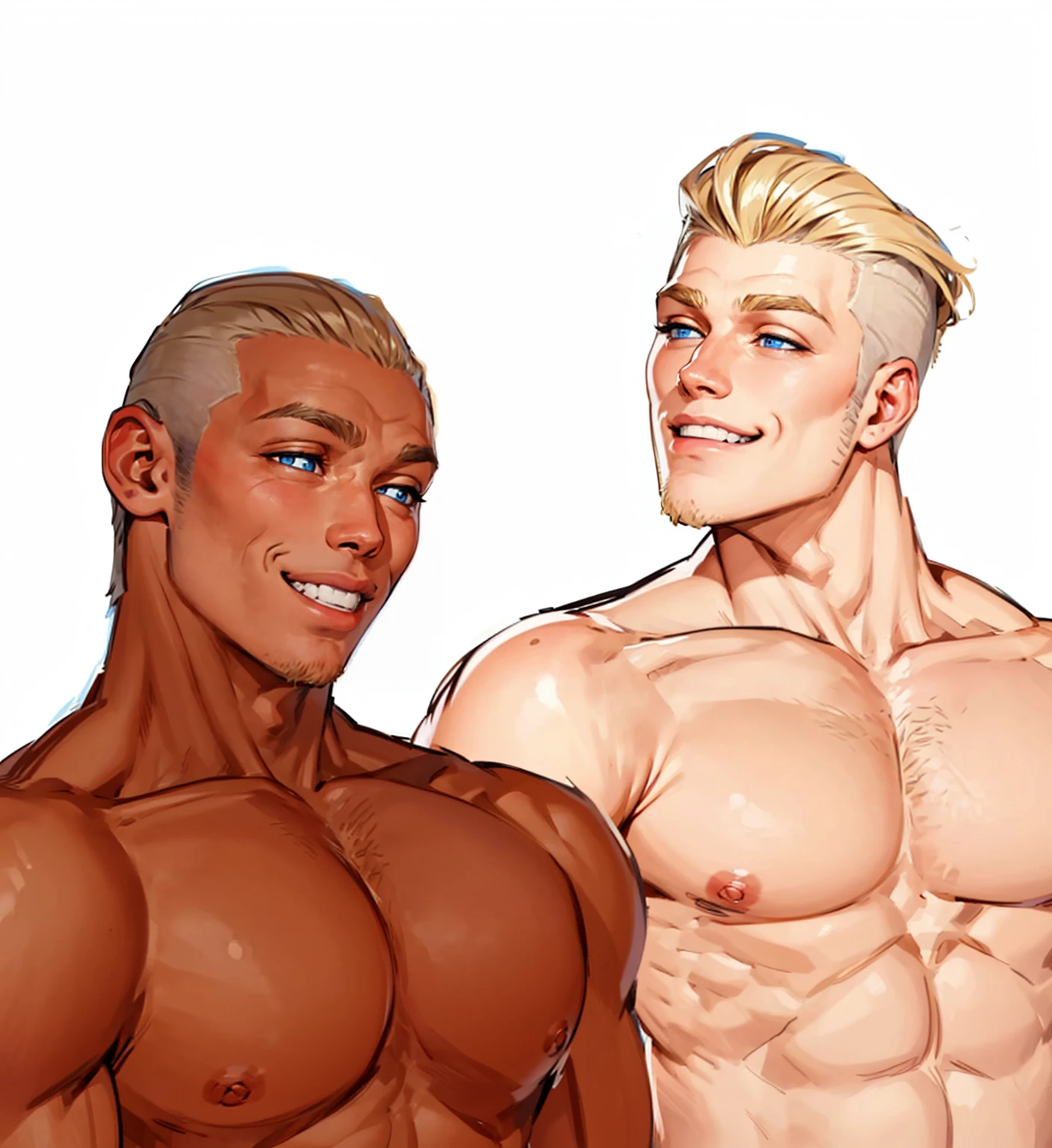 two happy shirtless boys,boy, 19 years old, very handsome, beautiful face, blue eyes, messy blonde hair, shaved on the sides, visible muscles, a thin beard and sparse sideburns, he smiles at his friend ,the black boy looks down and smiles