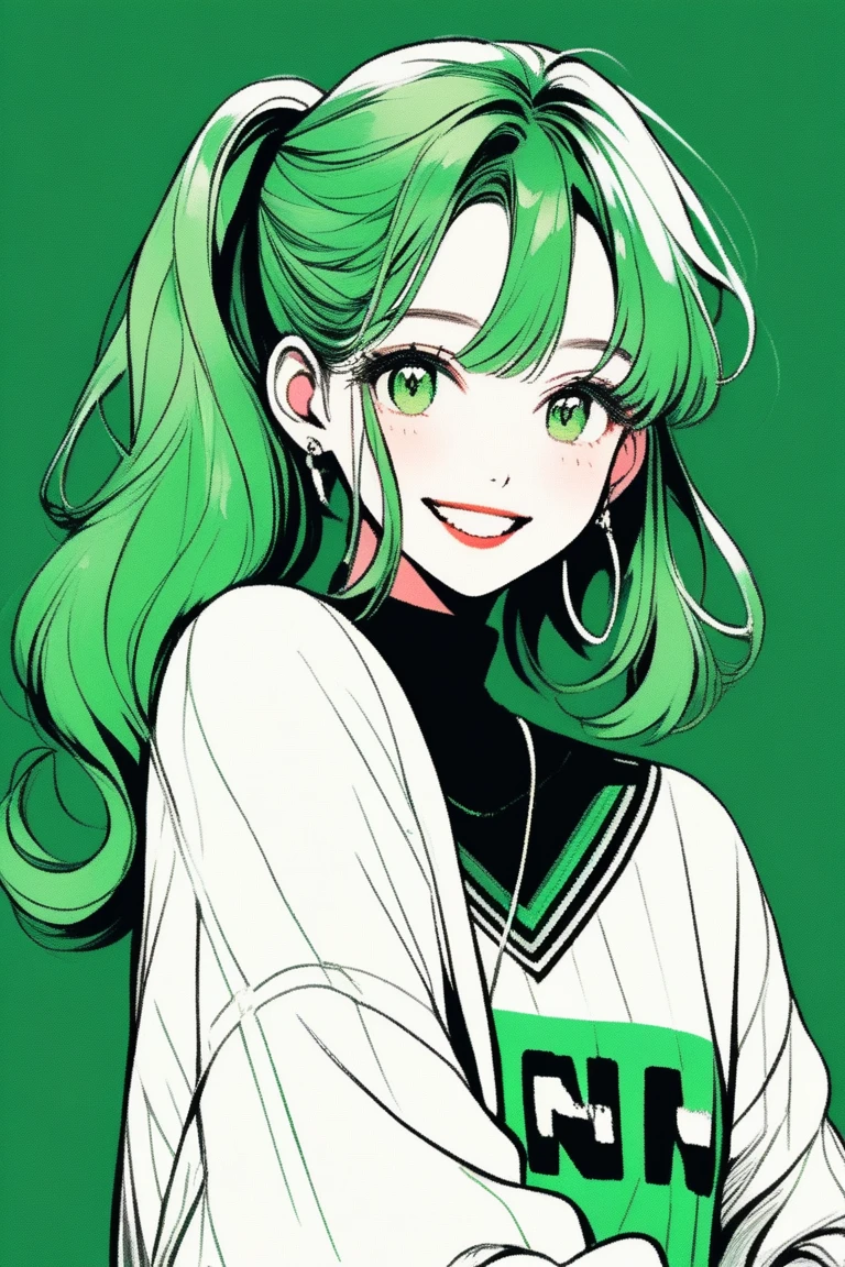 (best quality, sketch:1.2),realistic,illustrator,anime,1 girl, detailed lips, sweater, custom, green gradient background, neon hair, Dark green hair, long ponytail, blunt bangs, jovial, friendly, pleasant smile, pretty smile, open mouth smile, Gentle feeling, textured cropping, masterpiece, style retro classic, noir dark 