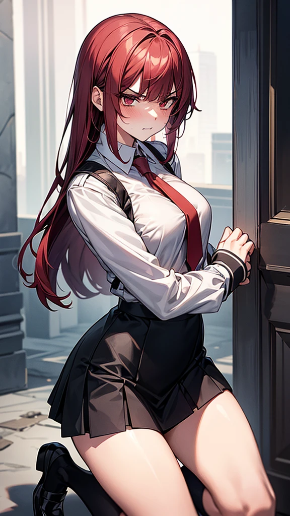 {{masterpiece}}, {{{Highest quality}}},{{Very detailed}}, {{figure}},{{tall}},{{Adult female}},,{{Fighting stance}},｛From Side｝,{{Long sleeve mini skirt uniform}},{{on one knee}},}}{}},{fighting stance}},{},{}, ,{{}},{{Eyelet foot}},,{{blushing with anger}},{{v-shaped eyebrows}},,{{}},{{}},,Slender body}}{{Avoidance}}{{Female police officer}},,,,suspenders　,Long sleeve mini skirt uniform, White High Socks,Black fingerless gloves, Long Red Hair, Red tie,Straight hair ,Blunt bangs,Thigh holster,.amountn loafer,,blush,Wrinkles ,amount,Grit your teeth,suffering,v-shaped eyebrows.,Sweat dripping,Medium chest ,get annoyed,,Slums,,Twisting,abandoned building