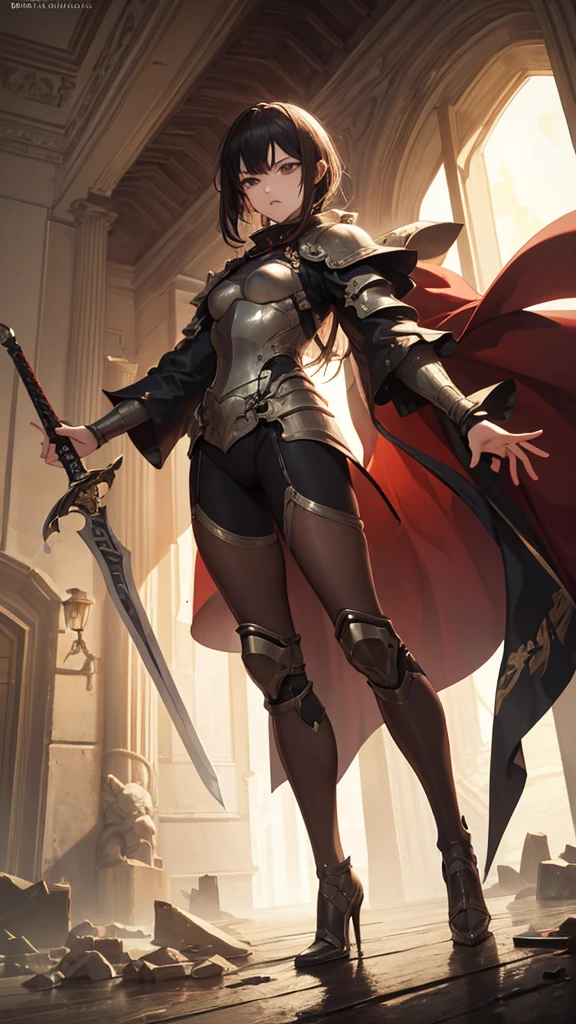 (masterpiece, 4K ,Super detailed:1.2), (anime:1), (Perfect quality), (anger), (((Adult body))), The whole body is shown, View Viewer, Holding a sword, Adult women, tall, Full Body Art, Knight&#39;s full plate decorated armor, Silver Cape, Perfect detail, Desperate look, Ultra violent women, Powerfully々And, Muscular, Military Commander, A woman in very heavy white armor,