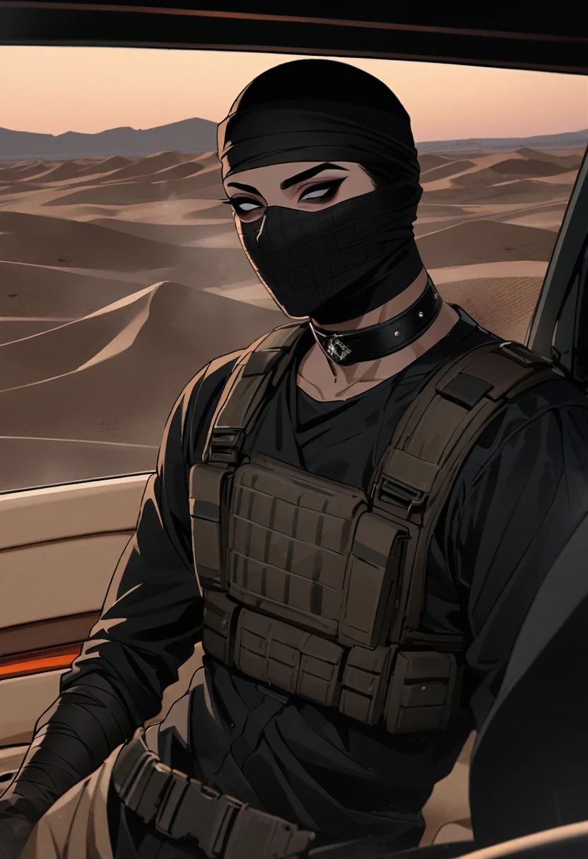 Male arab modern terrorist, terrorist, black balaclava, black bandage, black clothes, thin waist, femboy, light skin, makeup, black eyeliner, big eyelashes, black eyeshadow, choker, inside the car, desert, night