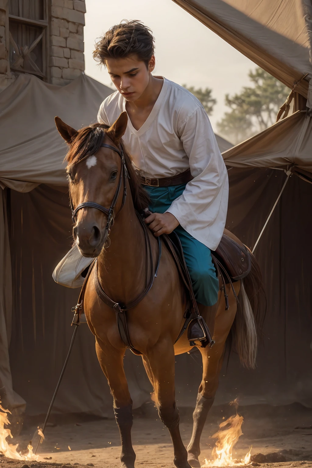 A young male twink, 18 years old, with a cute angel face, with makeup and black hair, wearing a medieval shirt with ties, a v-neck, and long sleeves, the color aquamarine, and white medieval pants. He is on the battlefield, riding on a horse, with boots on his feet. From the Middle Ages, he is holding a sword up and his shield in his other hand, and behind him are tents burning with fire and flames, and he looks angrily as if a horse is galloping.