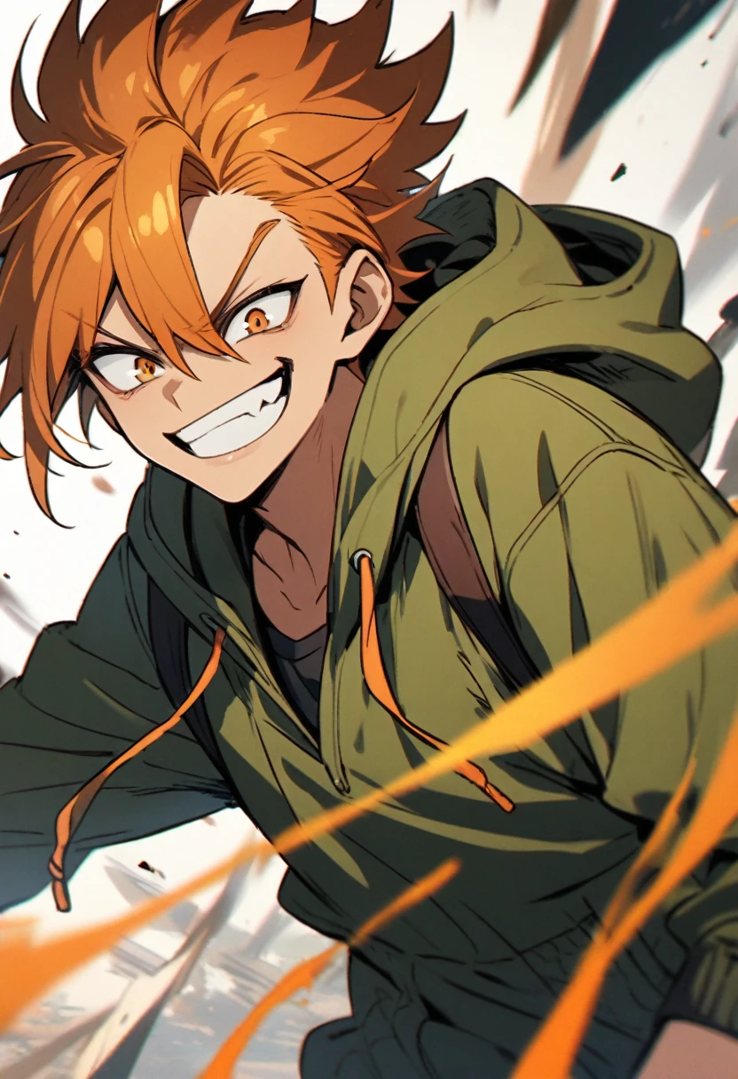 Orange Hair,　male, grinning,　hoodie,