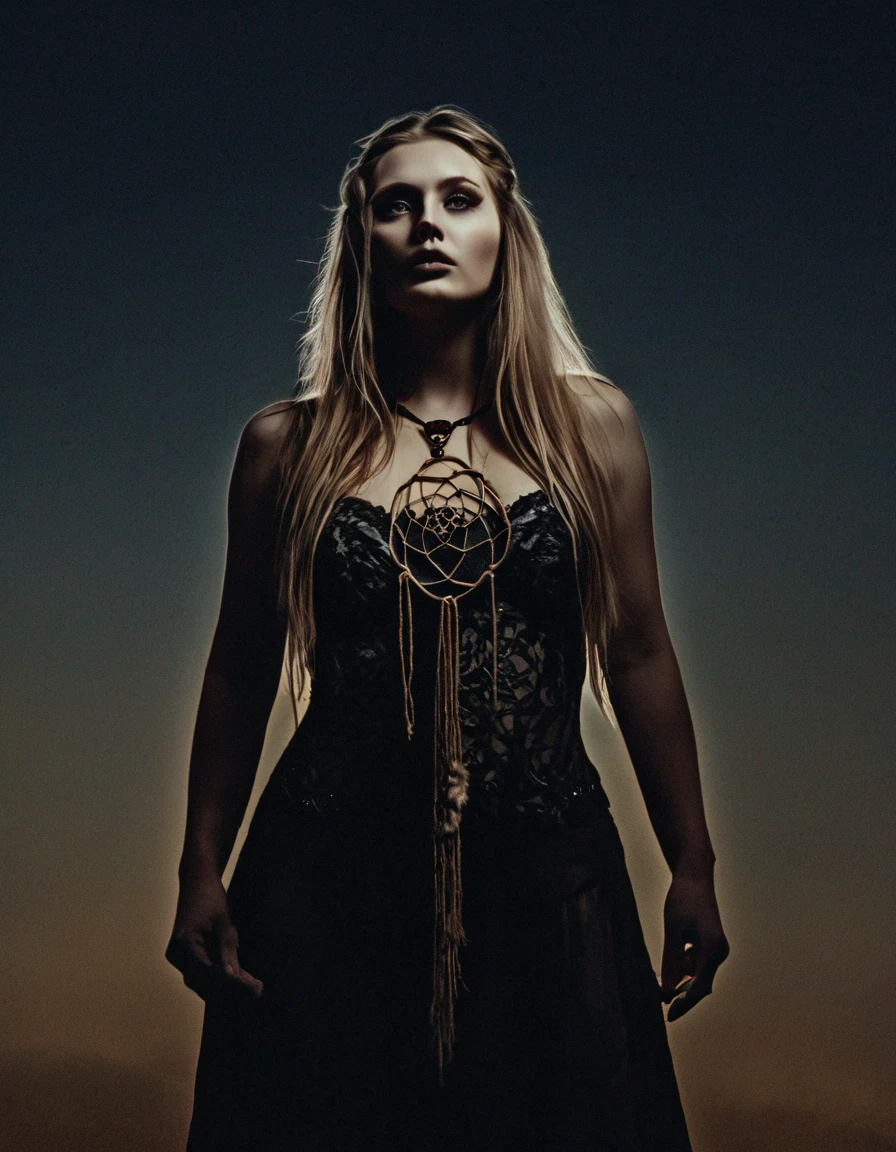 RAW photo, photorealistic, film grain, pale skin, evil slavic woman, long dark blond hair, eye catchlights, atmospheric lighting, imperfections, natural, epiCRealism, art by mooncryptowow .A mesmerizing mystic-style photo of a oneiromancer standing amidst the fading twilight, her attire shimmering like crystallized dreams. The enchanting figure holds a staff with a dream catcher dangling from it, weaving a spellbinding scene that captivates the viewer. Her flowing garments emit an ethereal aura, glistening with otherworldly magic. The background features soft earthy tones, with a hint of dusk's fading light. The graphic novel style showcases flat outlines and bold ink lines, creating a captivating and dreamlike atmosphere., boudoir erotic... stylish. photoshoot. hyper-detailed hypermaximalist dynamic style. Erotic photography. Boudoir. Glamour style.... great lighting
