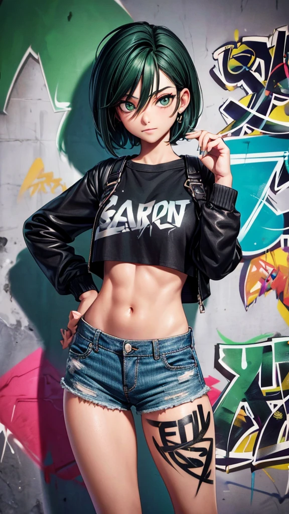 (cowboy shot), (Best Quality, ultra high resolution, depth of field:1.2), adult, 1 woman, toned body, medium breasts, Wide hips, Alone, black and green hair , striped hair, short hair, hits, black and green crop top, denim shorts, (Graffiti:1.4), paint stained clothes, Curved, against the wall, looking at the viewer, upturned eyes, nod, bored, hands relaxed at sides.