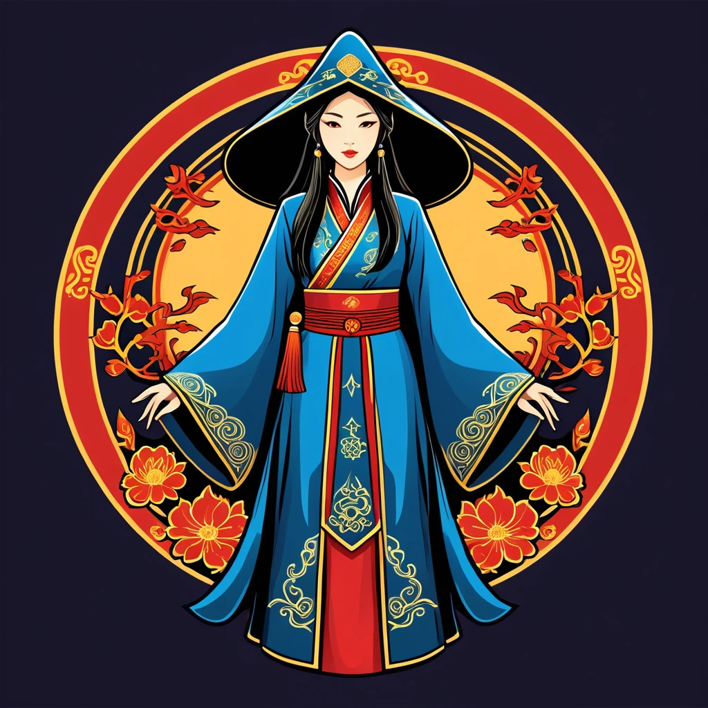 female wizard in chinese folk outfit, vector graphics, strong contours, logo design