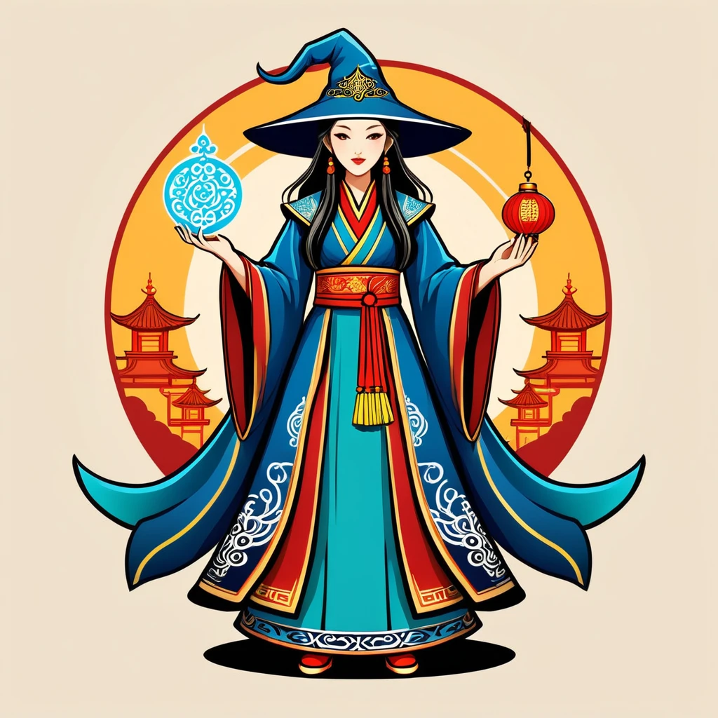 female wizard in chinese folk outfit, vector graphics, strong contours, logo design
