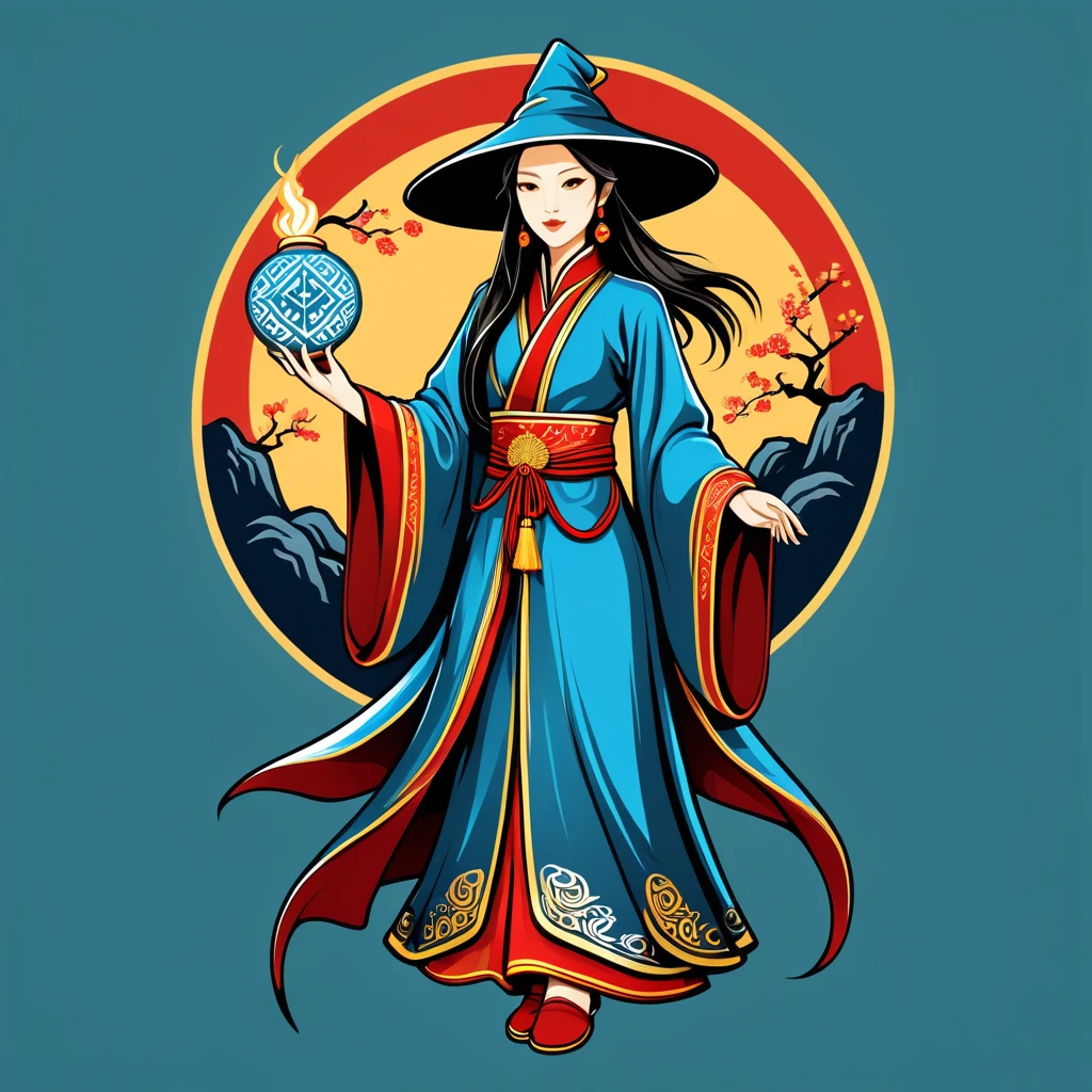 female wizard in chinese folk outfit, vector graphics, strong contours, logo design
