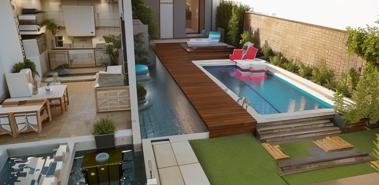 there is a small pool in the middle of a backyard, detailed rendering, 3 d render, 3d render, 3d rendering, 3 d rendering, render 3 d, 3 d perspective, 2 d render, concept house, 3 d finalrender, 3d finalrender, 3 - d render, enscape render, realistic concept, 3 d rendered, 3d rendered