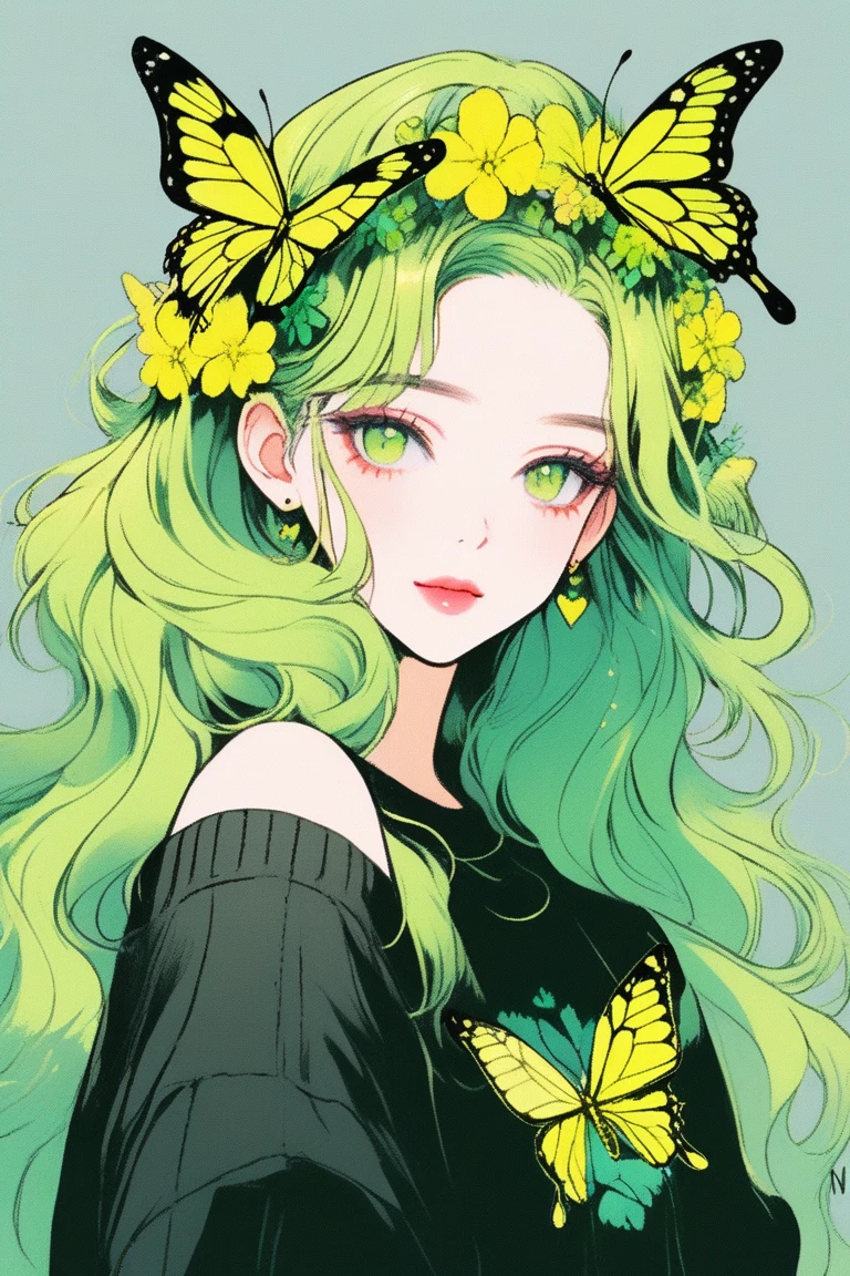 (best quality, sketch:1.2),realistic,illustrator,anime,1 girl, detailed lips, sweater, custom, green gradient background, neon hair, Yellow-green hair, long wavy hair, flower crown, gentle smile, closed mouth, mysterious, quiet, butterflies hair accessory, Gentle feeling, textured cropping, masterpiece, style retro classic, noir dark