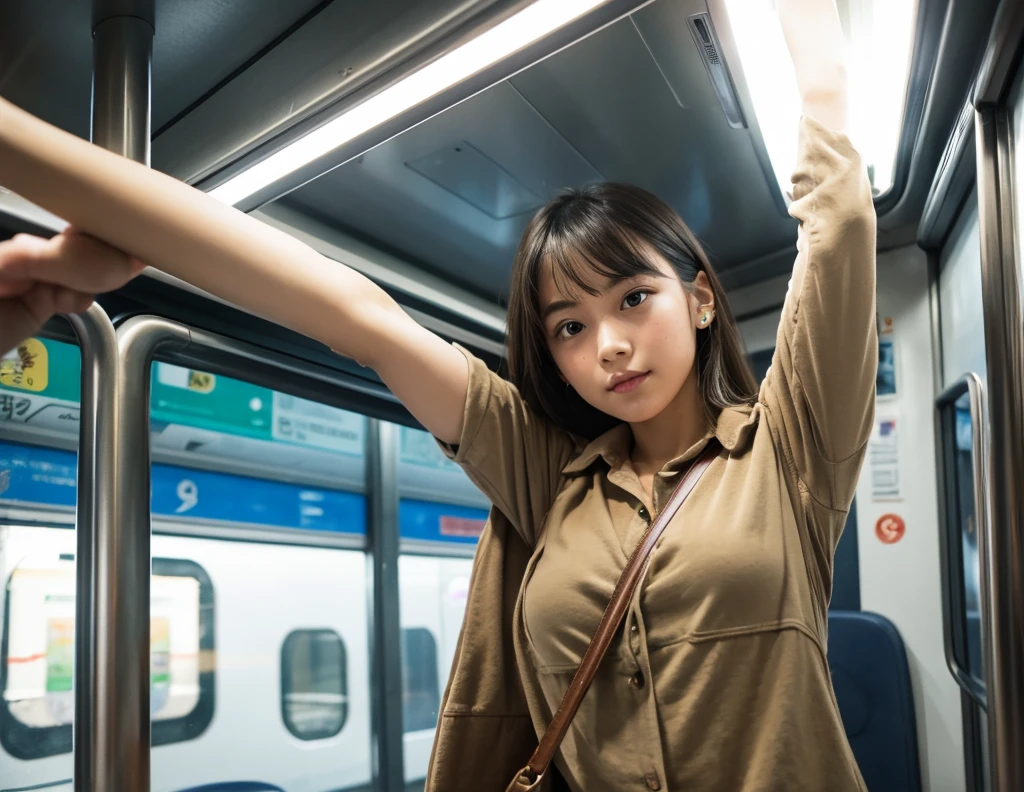 girl holding grip in train, arm up