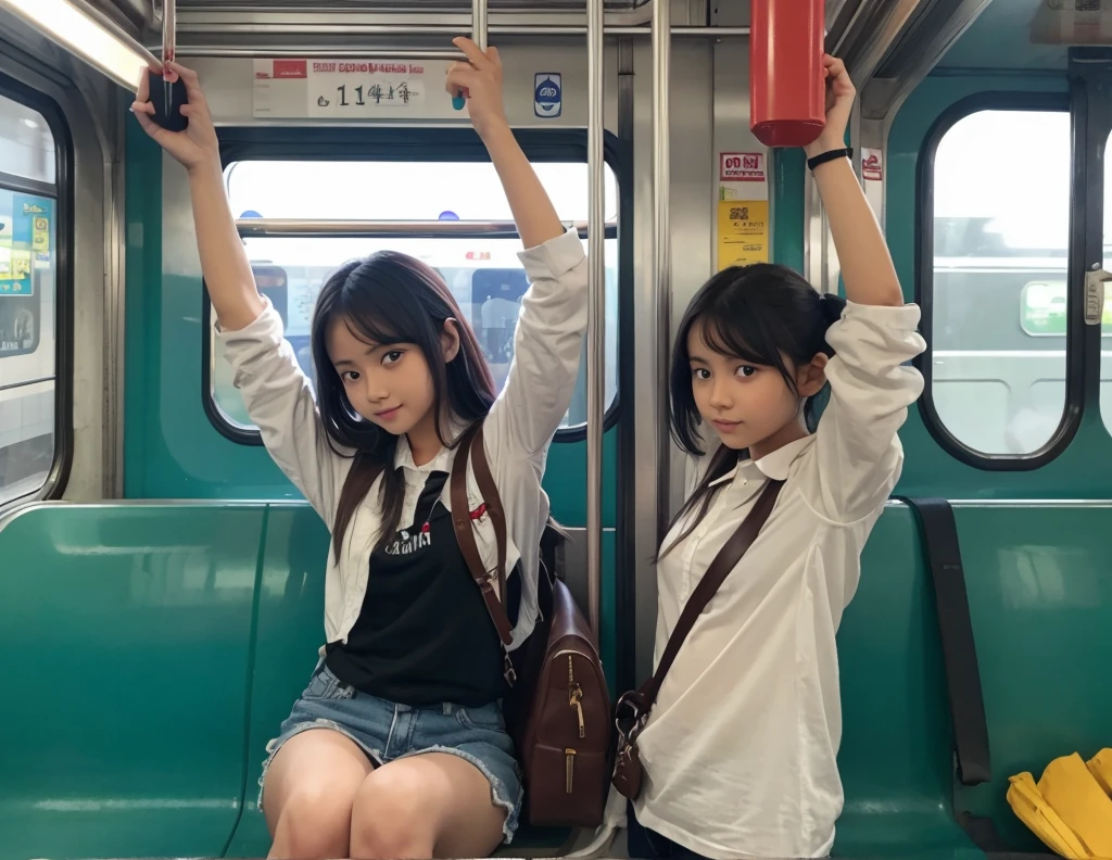 girl holding grip in train, arm up