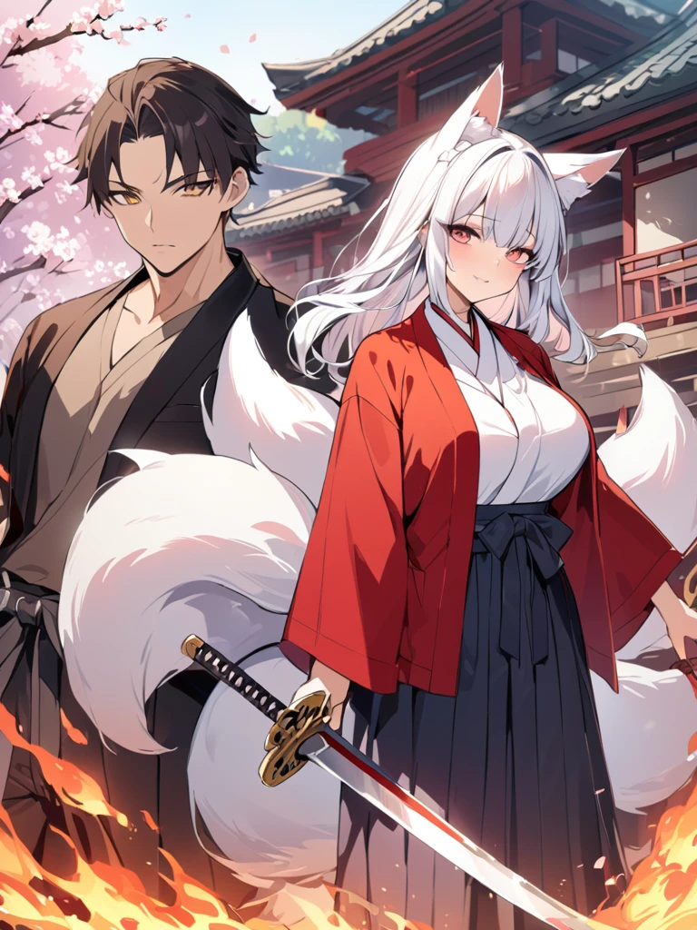 濃い赤い髪のロングポニーテール、Fox ears and nine fox tails of the same color as her hair、A sword with a burning blade、A man wearing a red jacket and hakama、Very large bust、Cherry blossoms and flames scatter、お姉さん Woman、Masterpiece、4k、8k