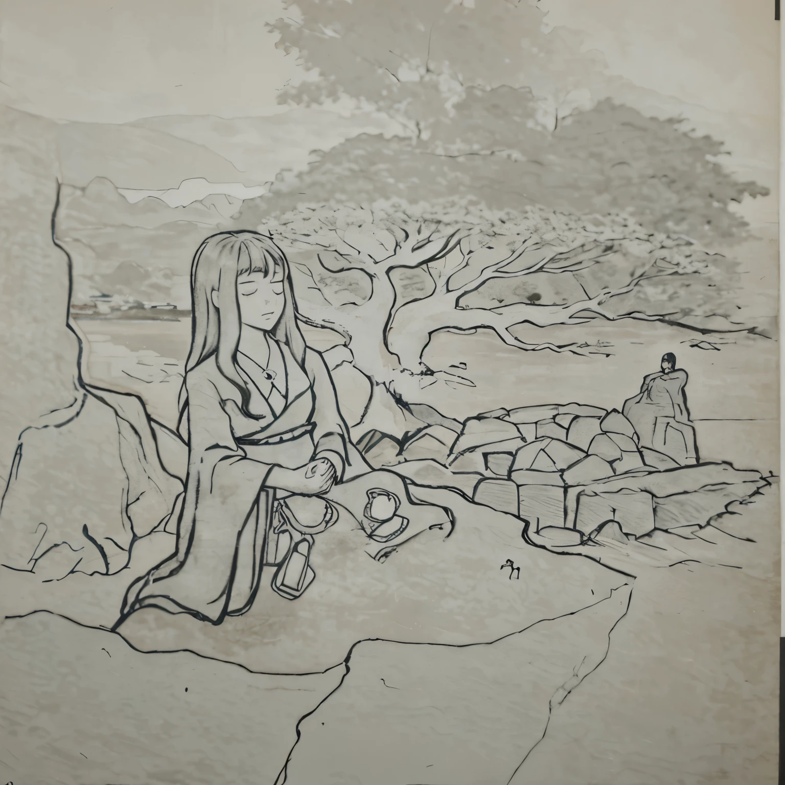 Anime girl mediating with one eyes closed above the rock edge of the side of the river, with a nearby trunk of tree. The background has a large Sakura tree with a boulder beside it and a man standing. The setting is near the edge of waterfall. The color grading like it's in the sunset. Vibrant color anime style