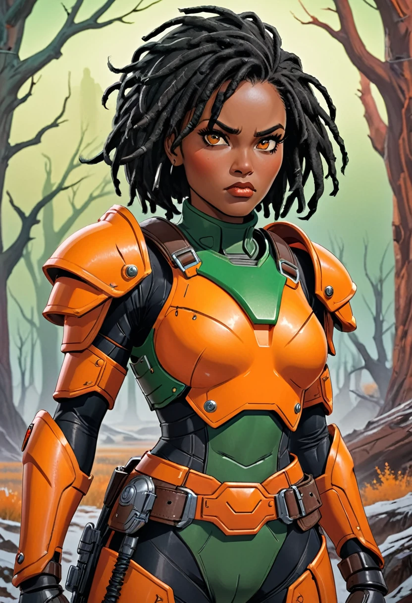 close up of African woman with (short black dreadlocks), short black hair pulled back, wearing a (heavy orange mechanical armor:1.1), (orange power armor covering her chest and arms), (orange breast plate:1.1) with large (round orange shoulder pads:1.1) dark green tight undersuit. (detailed eyes, detailed face), dark skin. (fur trim), (fur belt, fur boots). Badlands background with dead trees. super high quality, super high detail, masterpiece, 4k, 8k, HDR, masters of the universe. Frowning expression, serious expression, glaring at the camera