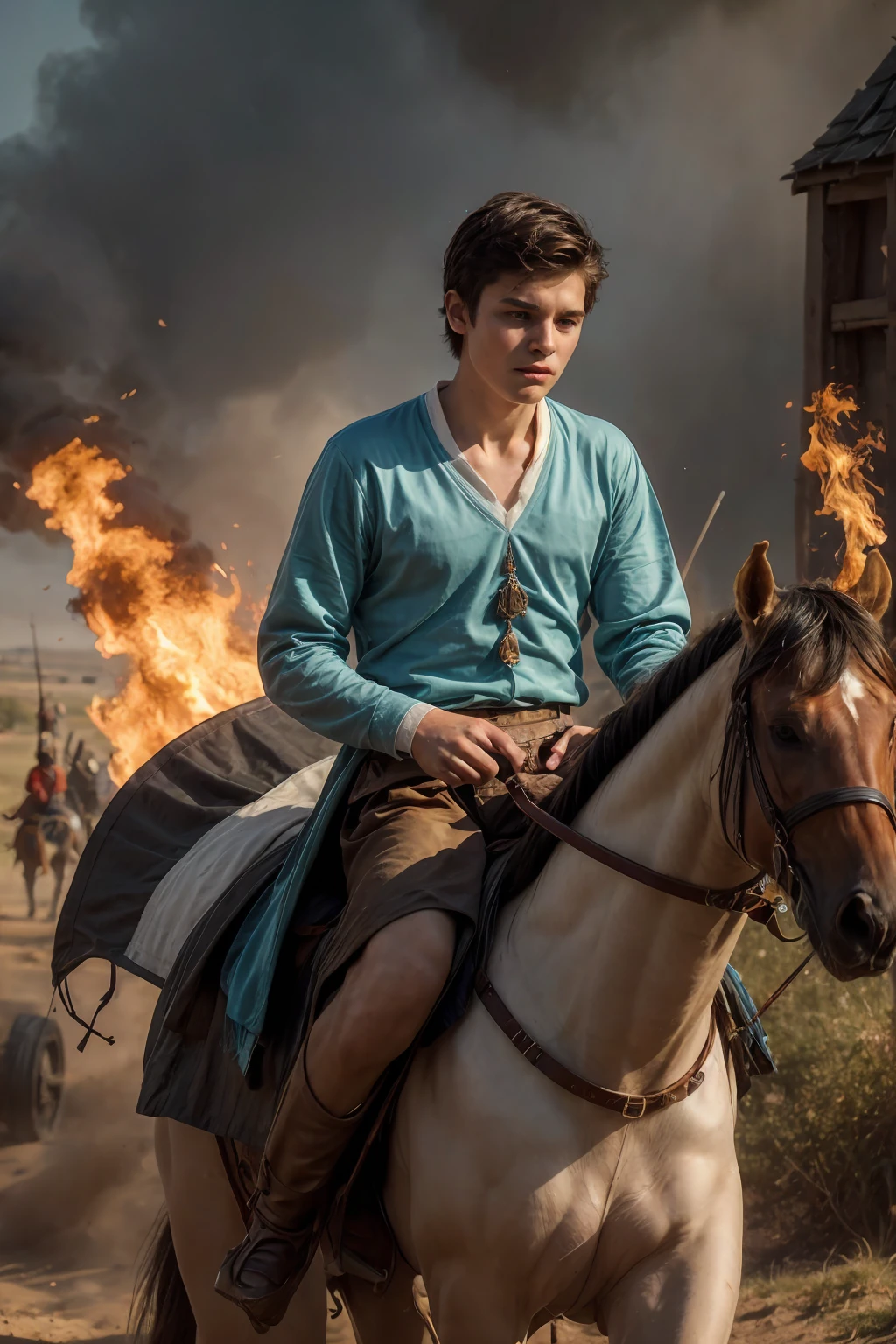 A 18-year-old male twink with a cute angel face with makeup and black hair, wearing a medieval shirt with ties, a v-neck, and long sleeves, aquamarine, and white medieval pants. He is on the battlefield, riding on a horse, carrying a sword. He goes up with his shield in his other hand, and behind him are tents burning with flames of fire, and he looks angrily, as if a horse is galloping.
