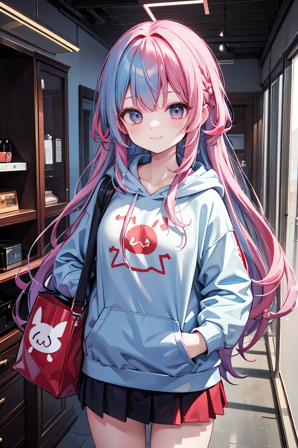 Red and light blue hair々Mixed, Long hair to shoulders, Smiling face, Baggy hoodie, Mini skirt, Side-curly hair, Older woman