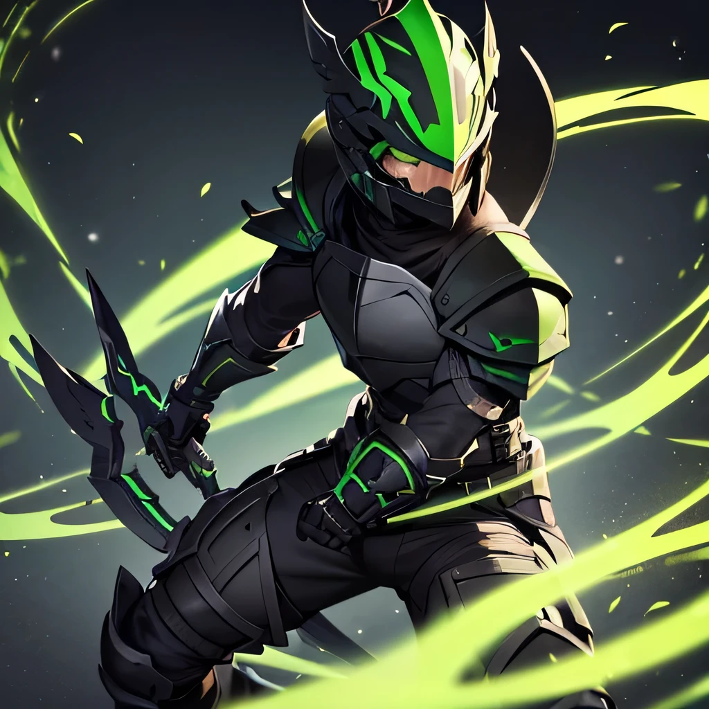A hunter wearing black armor with bright fluorescent green details, and wears a gladiator helmet [far]