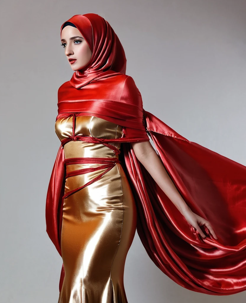 a sexy a woman covered in large red satin cloth, tied tightly with the satin cloth, mummified, the satin hanging down very long, a mermaid style dress, wearing a satin hijab, the satin cloth is very long, forming the curve of the body, flowy satin about 4 meter,full body,masterpice, 4k resolution, ultra-realistic, highly detail.