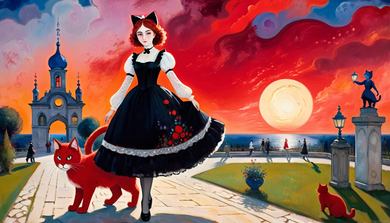 (Girl with giant big red cat) crimson sunset  promenade,  Baroque, Gothic lolita, cute, 1 girl, solo, full body, black dress, absurdity, white lace, ((Marc Chagall style)), magical naive art, primitivism, protogen,((Better quality, masterpiece)),
(Higher detail), Impressionism: 1.1, 8k