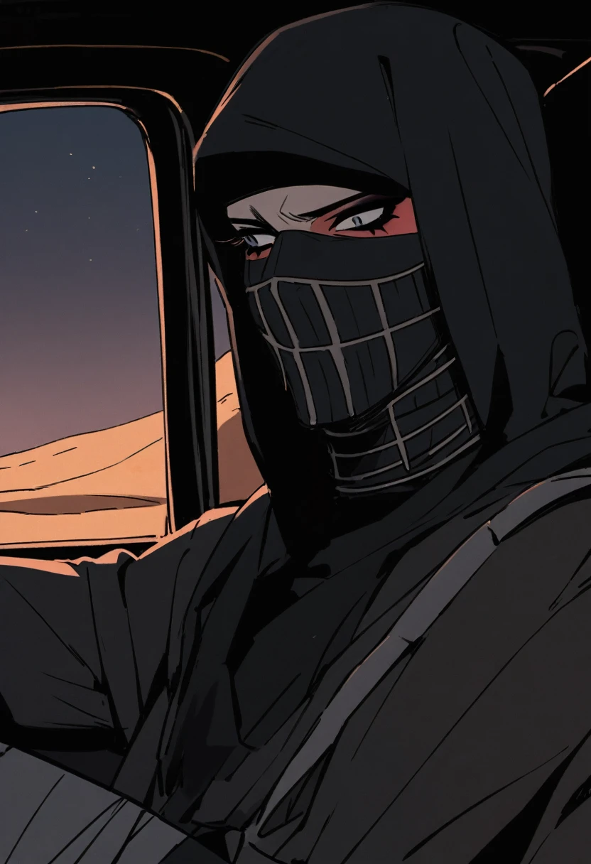 Male arab modern terrorist, terrorist, black balaclava, black bandage, black clothes, thin waist, skinny body, femboy, light skin, makeup, black eyeliner, big eyelashes, black eyeshadow, choker, inside the car, desert, night, rain